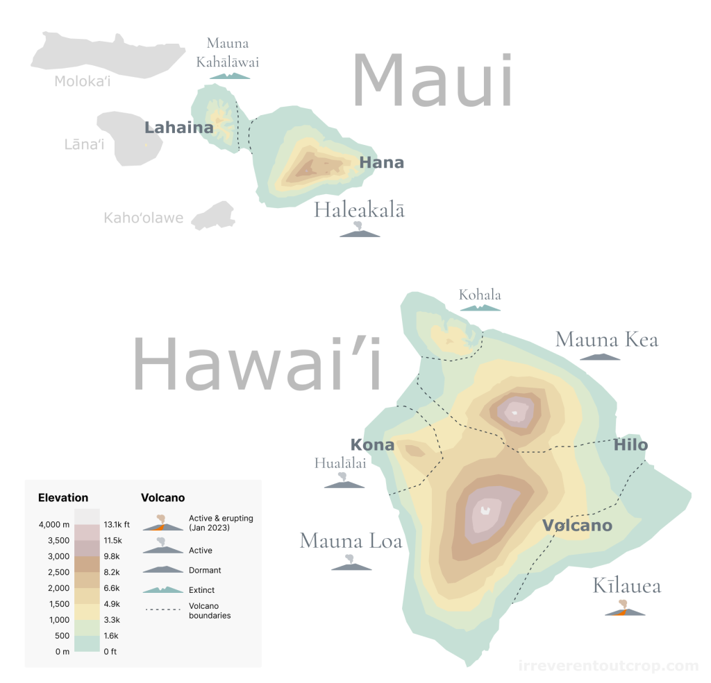 Simplified topographic map of the Big Island and Maui