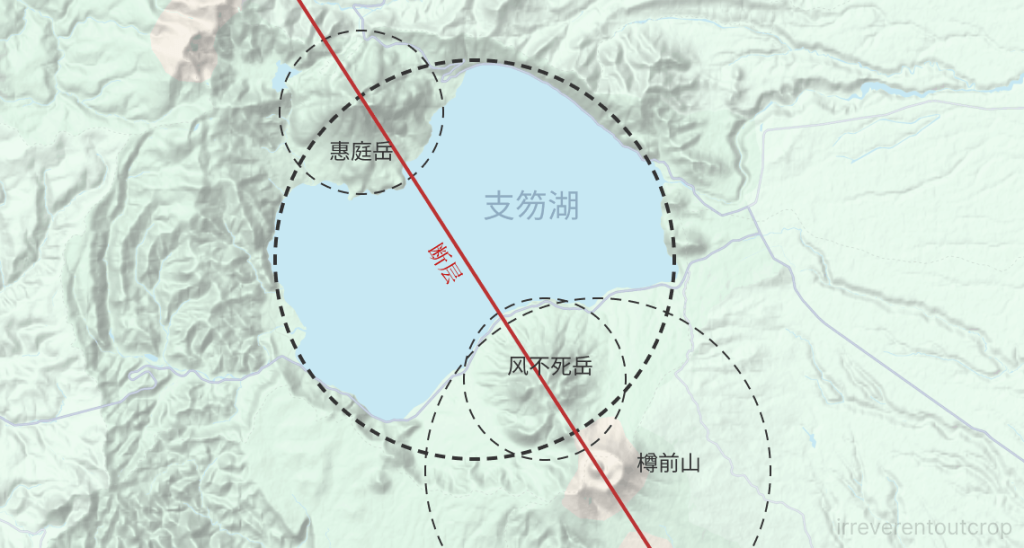 支笏湖、惠庭岳、樽前山、以及风不死岳所在的断层示意图